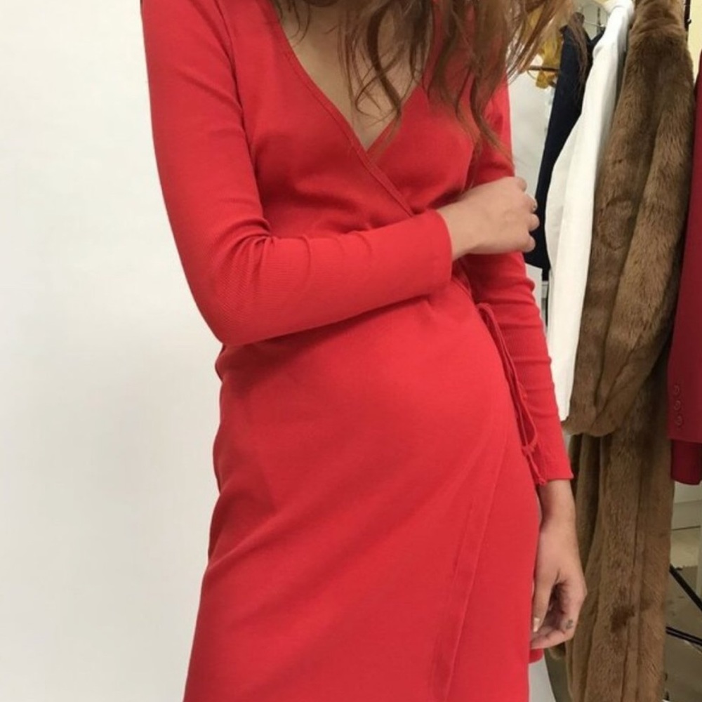 LISA SAYS GAH Lucille Ribbed Wrap Dress Red XS